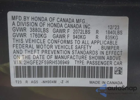 2024 Honda Civic Sport z USA, uszkodzony, nr VIN 2HGFE2F59RH536949